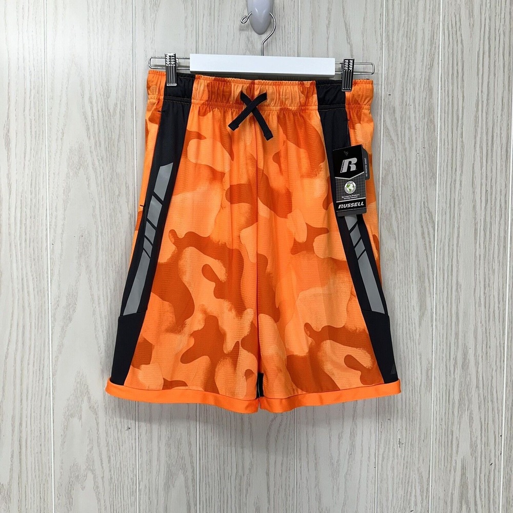 Russell Dri‎ Power 360 Shorts Youth XXL 18-20 Orange Camo Reflective Drawstring